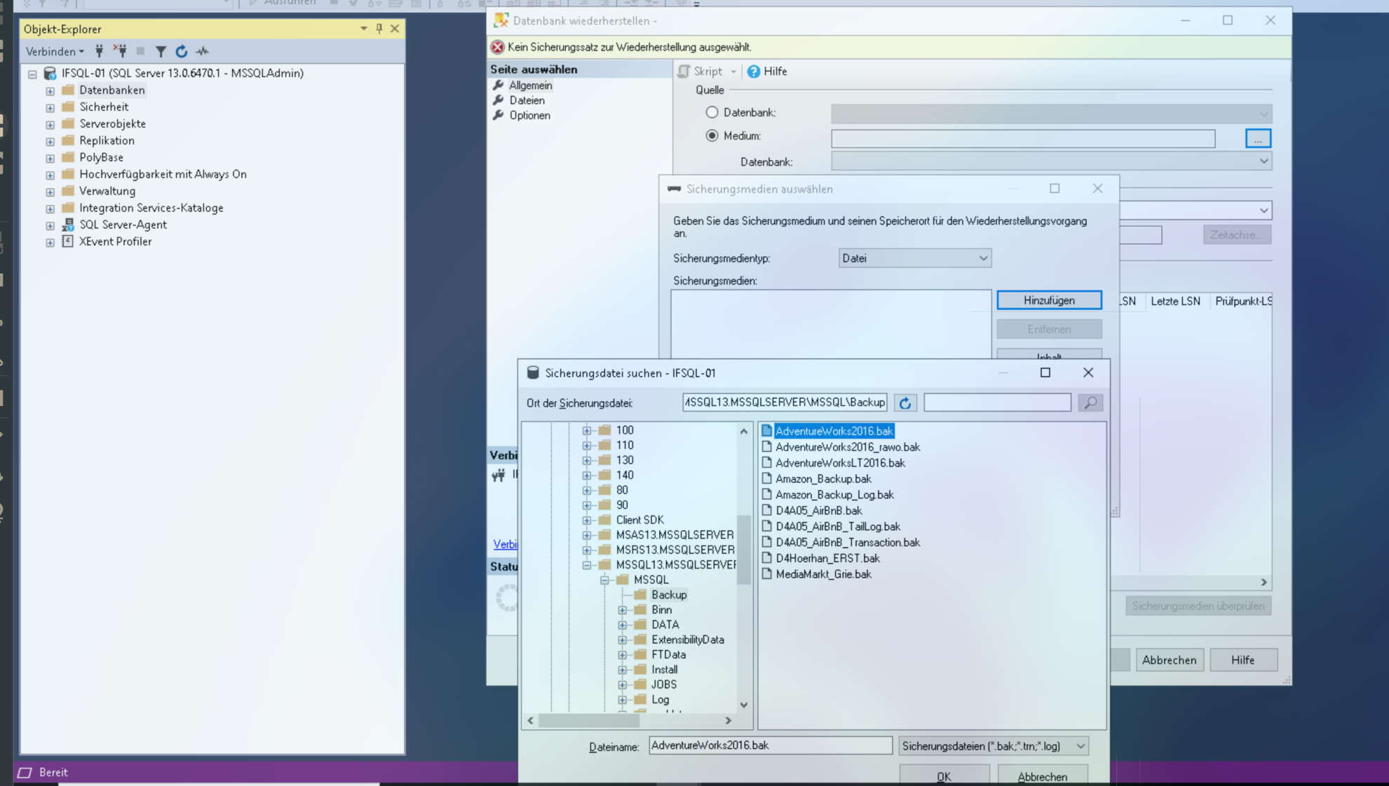 Screenshot des Restore-Dialogs im SSMS