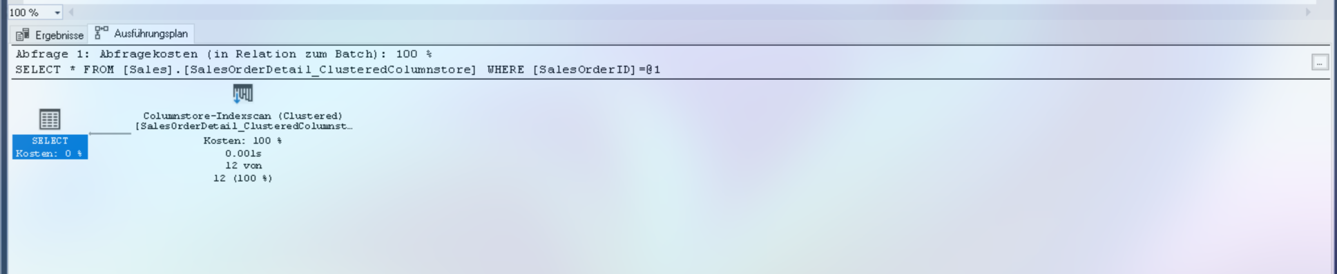 Execution Plan: Columnstore Index Scan showing high performance batch mode processing