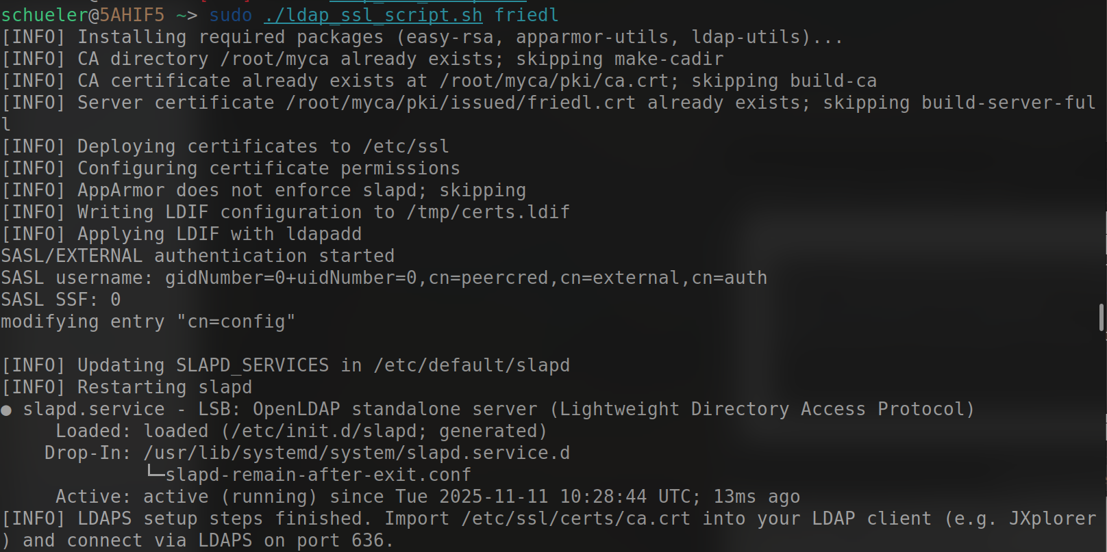 LDAP SSL setup script output