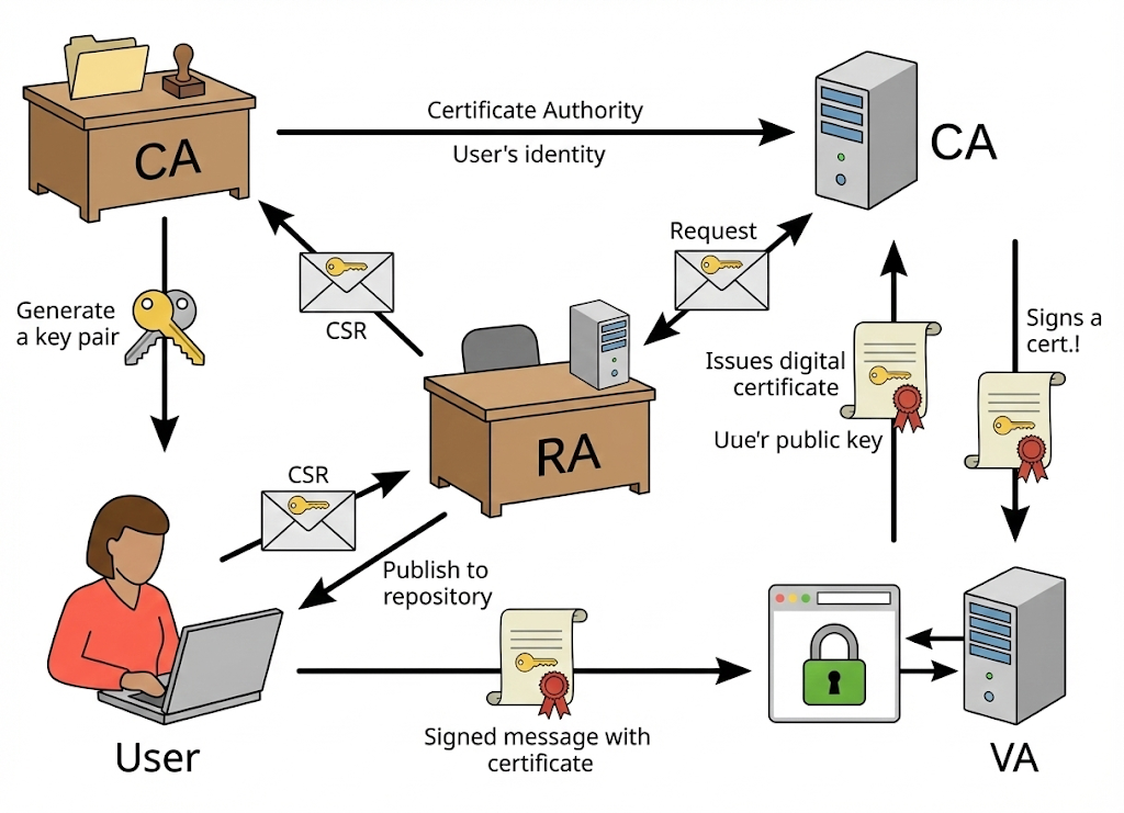 A flowchart diagram illustrating the workflow of Public Key Infrastructure (PKI). The diagram connects five main entities using directional arrows to show the exchange of data and certificates: