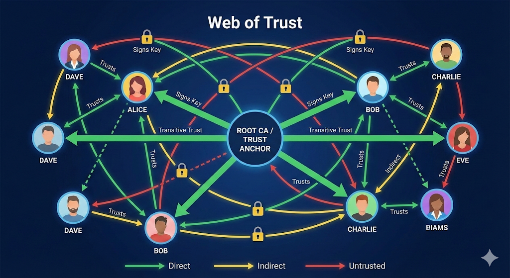 Infografik mit dem Titel "Web of Trust", die ein Netzwerkdiagramm von Vertrauensbeziehungen zeigt. Im Zentrum steht ein Knoten "ROOT CA / TRUST ANCHOR", von dem aus breite grüne Pfeile ("Transitive Trust") zu den Knoten "Alice" und "Bob" führen. Weitere Personen-Knoten sind "Dave", "Charlie", "Eve" und "Diams". Pfeile unterschiedlicher Farbe und Art verbinden diese Knoten, erklärt durch eine Legende am unteren Rand: Grüne Pfeile bedeuten "Direct" (Direktes Vertrauen), gelbe Pfeile "Indirect" (Indirektes Vertrauen) und rote Pfeile "Untrusted" (Nicht vertrauenswürdig). Die Pfeile sind oft mit Texten wie "Signs Key" (mit Schloss-Symbol) oder "Trusts" versehen. Zum Beispiel signiert Alice Daves Schlüssel, und Bob signiert Charlies Schlüssel. Das Diagramm illustriert, wie Vertrauen von einer zentralen Autorität ausgeht und sich direkt oder transitiv über verschiedene Teilnehmer im Netzwerk verbreitet, während einige Beziehungen als nicht vertrauenswürdig gekennzeichnet sind.